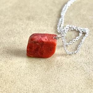 Red Coral Stone Necklace on Silver Plated Chain - Native American Handmade - 18" - Picture 1 of 6
