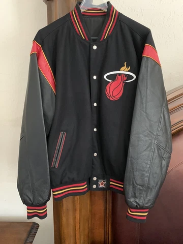 Miami Heat Big Logo JH Design Black Reverse Jacket Varsity Leather Sleeves Sz L Cover