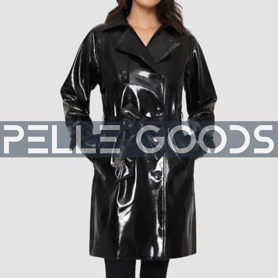 Stylish Womens Black Vinyl Trench Coat with Belt | Waterproof Long Jacket Trendy - Image 1 of 4