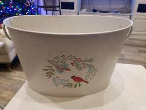 Mainstays White Folk Art Christmas Pail Bucket Cardinal Wreath Walmart Tin 2018 - Picture 1 of 13