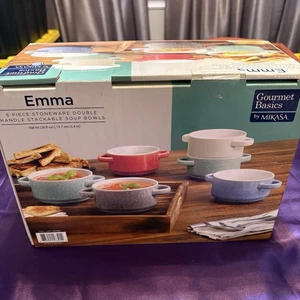 New Mikasa Gourmet Basics EMMA 6-Piece Stoneware Double Handle Stackable Bowls - Picture 1 of 8