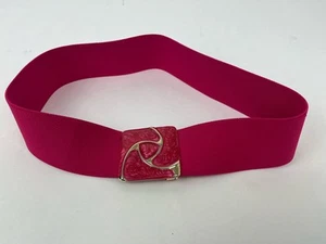 DAY LOR Pink Stretch Elastic Belt Goldtone Enameled Abstract Buckle 28” - Picture 1 of 9