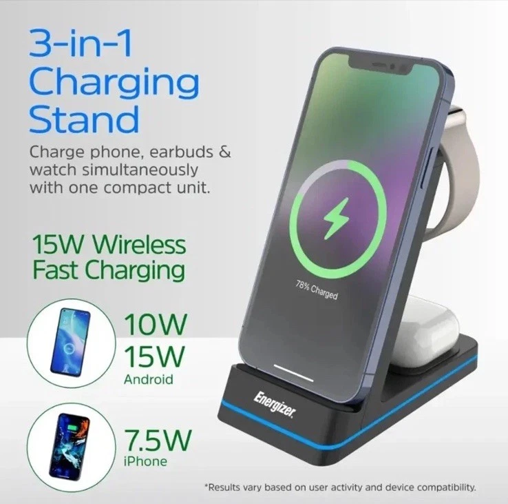 Energizer 3-in-1 15W Qi Wireless Fast Charger Stand with RGB for iPhone AirPods - Image 1 of 4