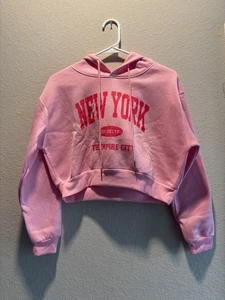 pink new york crop top hooded sweatshirt medium - Picture 1 of 3