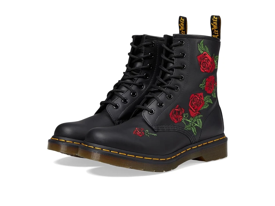 Dr Martens 1460 Vonda 8 Eyelet Boot Black Softy T Leather Roses Women's Size 6