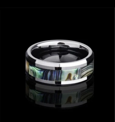 8mm Band Abalone Shell Inlay Step Edge Men Women Engagement Wedding Ring - Image 1 of 4