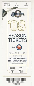 Boleto MILWAUKEE CERWERS vs Chicago Cubs 27/9/2008 Daryle Ward última carrera recursos humanos - Imagen 1 de 1