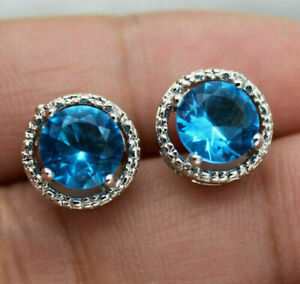 2.50Ct Round Cut Blue Topaz Solitaire Stud Earrings In 14K White Gold Finish