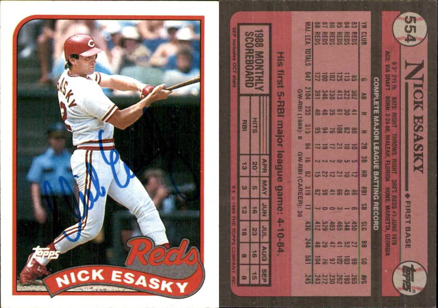 Nick Esasky Signed 1989 Topps #554 Card Cincinnati Reds Auto AU