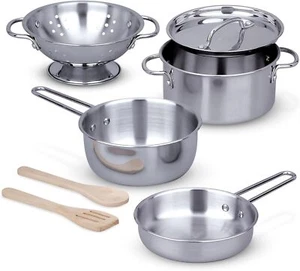 Stainless Steel Pots and Pans Pretend Play Kitchen Set for Kids (8 pcs) - Picture 1 of 9