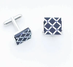 C0129 CUFF LINKS CUFFLINKS BLACK ONYX WHITE MOTHER OF PEARL NET GRIDS RHOMBUSES - Picture 1 of 1
