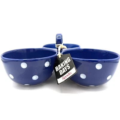 Spode Baking Days Blue Polka Dot Triple Bowl Server – NWT 9.75” Ceramic Dish - Image 1 of 4