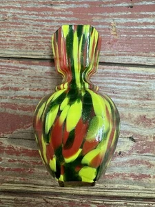 Antique Hexagon Top Hand Made Red Green Yellow Bud Vase Gold Flecks - 4 - 7/8” - Picture 1 of 8