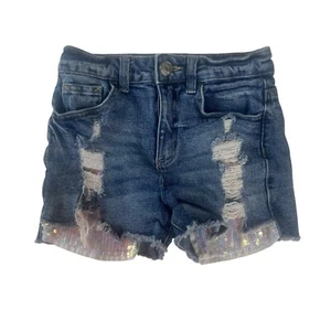 Justice Distressed Denim Shorts Girls 10 Sequin Hem Ripped Details - Picture 1 of 10