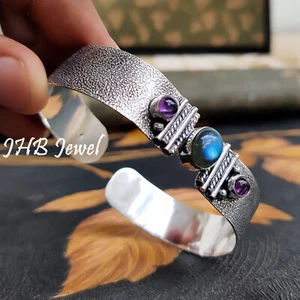 Labradorite & Amethyst Gemstone Cuff 925 Sterling Silver Big Bracelet For Friend - Picture 1 of 6