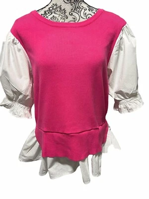 Anthropologie Women’s X-Large Pink White 2 in 1 Sweater/shirt Top Puff Sleeves Foto 1 de 4