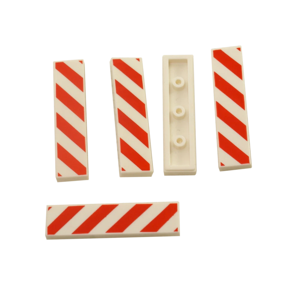 5 NEUE LEGO Tile 1 x 4 ,Red and White Danger Stripes (Red Corners) Pattern WeiÃ - Bild 1 von 1