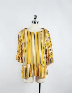 Zenobia Yellow Striped 3/4 Ruffle Sleeve Scoop Neck Blouse Women's Size XL New - Picture 1 of 8