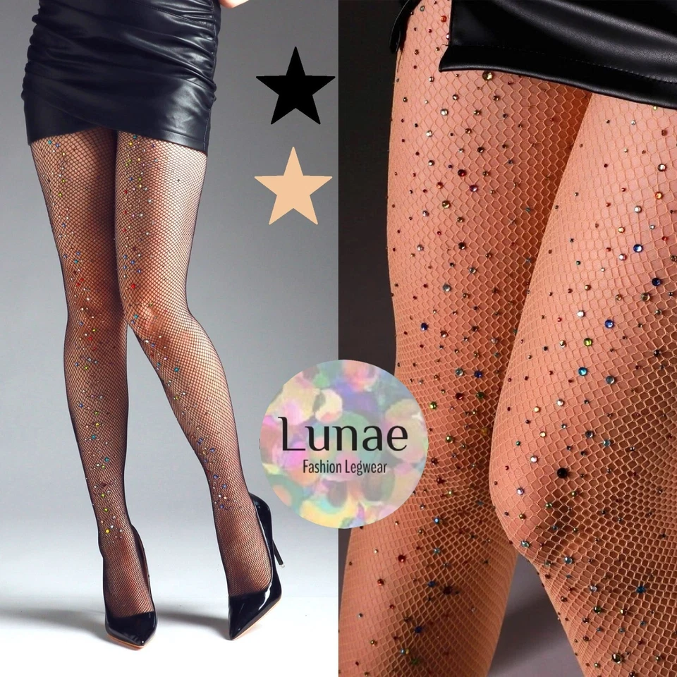 Fishnet tights rhinestone diamante crystal rave rainbow bling 8/10/12/14 party - Image 1 of 1