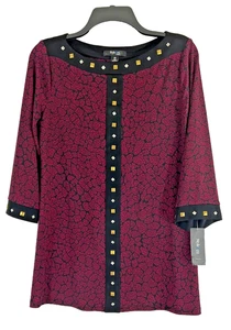 Style & Co Tunic Top Geo Studded 3/4 Sleeve Serene Maroon/Black Poly/Spandex PS - Picture 1 of 6