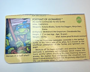 🔥TMNT 1988 Leonardo Retrato Bio Tarjeta De Archivo Vintage Compañeros de Juego Inserto Leo - Imagen 1 de 6