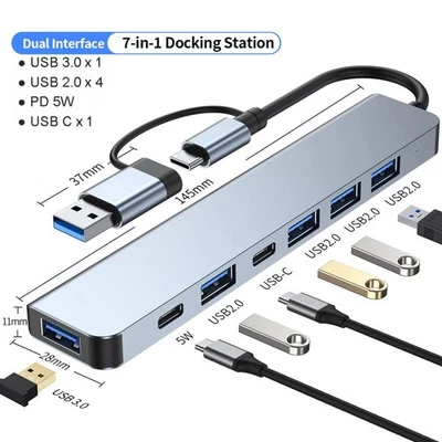 Hub USB Doppio 7-In-1, Adattatore Macbook Con USB 3.0, 4Xusb 2.0, Doppie Porte D - Immagine 1 di 4