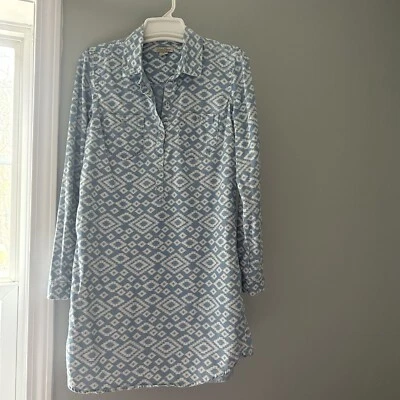 Lucky Brand Blue Chambray Denim Cream Ivory Ikat Boho Cotton Shirt Dress Small - Image 1 of 4