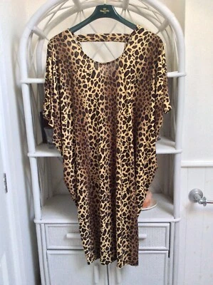 BROWN ANIMAL PRINT STRETCH SLEEVELESS LOOSE TUNIC TOP BEACH CRUISE FREE SIZE - Image 1 of 2