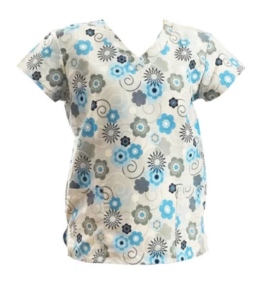 Women's Fashion Soft Medical Nursing Scrub Tops Light Gray Base Flowers L - Image 1 of 2