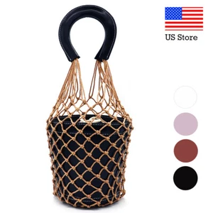 Lady Fish Net Bucket Bag Handbag Leather Beach Straw Bag Flowerpot Shoulder Bags - Picture 1 of 13