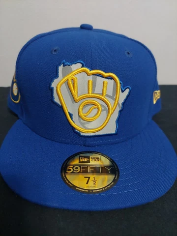 Milwaukee Brewers New Era 7 1/2 Fitted Blue Yellow Glove Logo Side patch Cover