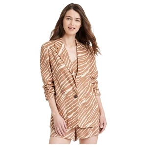 A New Day Blazer Shorts Set Brown Zebra Print Relaxed Linen Blend Women's M / L - Picture 1 of 15