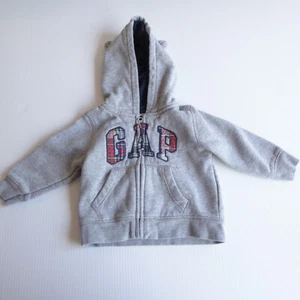 Gap Baby Boys Gray Hoodie Zipper 6m 12m Bear Ears Cotton Plaid Logo Hooded - Picture 1 of 8