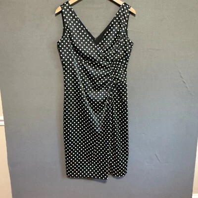 Donna Ricco Dress Women’s 10 Medium Black Polka Dot Sexy Pinup V Neck Knee - Image 1 of 4