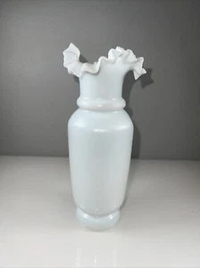 Antique Victorian Hand Blown Opaline Bristol Glass Vase Ruffled Crimped Edge - Picture 1 of 14