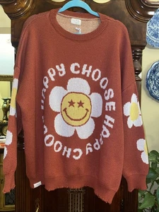 Simply Southern Sweater Sz XXL Flower Print Choose Happy Relaxed Orange NWT - Picture 1 of 8