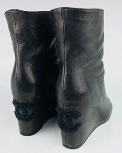 CHANEL Black Lamb Open Toe Wedge Boots 37.5 - Picture 1 of 8