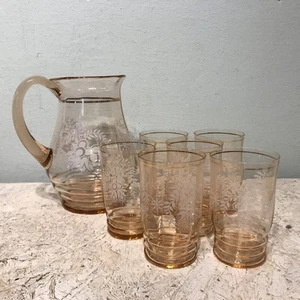 Set Krug & 6 Gläser Art Déco Trinkglas Pitcher Kanne Rosa Gold vintage antik alt - Bild 1 von 14