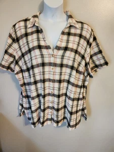 Liz & Me Black Metallic Textured Plaid Short Sleeve Button Up Shirt Top 2X 22 24 - Picture 1 of 6
