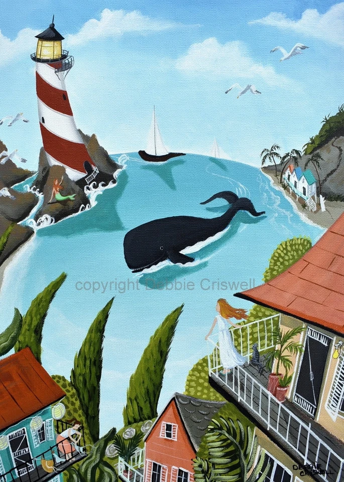 IMPRESIÓN De Pintura Mar Serenidad Sirena Faro Ballena Aceo Firmado Arte Popular Foto 1 de 1