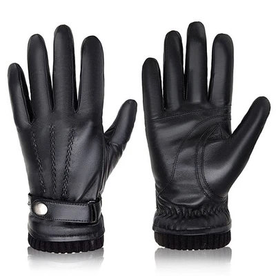 Guantes de cuero de invierno para hombre, cálida pantalla táctil forrada en cachemir, negros Foto 1 de 4
