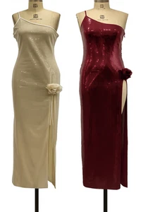 Pretty Little Thing Sequin One Shoulder Rose Applique Split Leg Maxi Dress NEW - Picture 1 of 3
