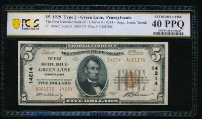 AC 1929 $5 First National Bank of Green Lane, Pennsylvania Ch #14214 PCGS 40 PPQ - Image 1 of 2