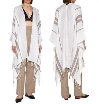 Poncho Brunello Cucinelli Capa Lino Rayas Brillantes Flecos Lino $2795 Italia Foto 1 de 4