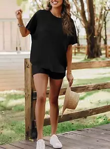Women’s 2 Piece Lounge Set with Oversized Top & Drawstring Shorts Black 2XL - Picture 1 of 5