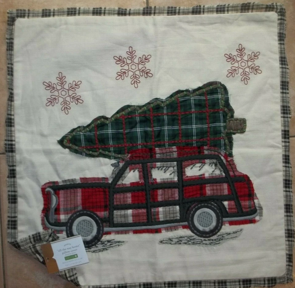 Pottery Barn All The Way Home Pillow Cover 20" Embroidered Woody Car Christmas