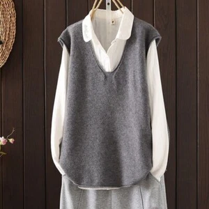 Womens Loose Fashion V Neck Sleeveless Knitted Sweater Vest Casual Waistcoat - Picture 1 of 26