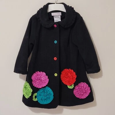 Long Black Coat Applique Flowers Rainbow Colours Formal Girls 2T Wedding Ruffle  - Image 1 of 4