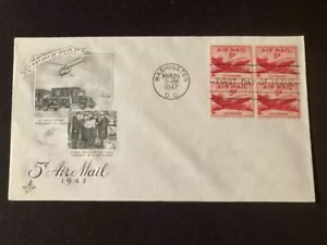 US Airmail FDC C33 1947 5 cent Air Mail Stamp Block Unaddressed and Unsealed - Picture 1 of 2