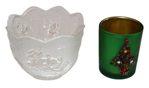 2 CHRISTMAS VOTIVE CANDLE HOLDERS FROSTED GLASS SLEIGH REINDEER & GREEN BEADED T - Picture 1 of 5